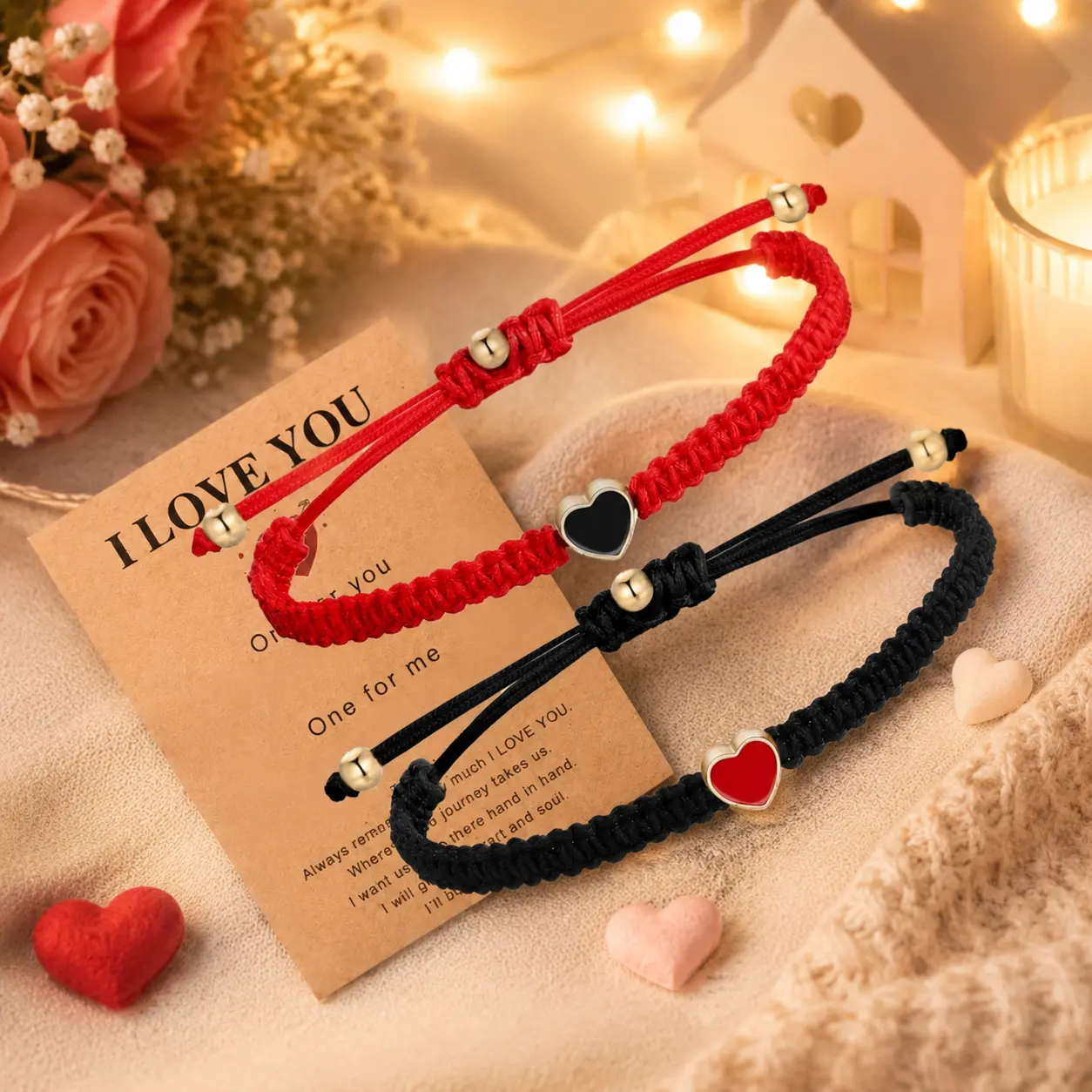 Couple Braided Heart Bracelets Set – Red & Black Rope Handwoven Jewelry with Gold Spacer Beads, Adjustable Knot Love Bracelet Set for Couples, Romantic Gift for Valentine’s Day & Daily Wear