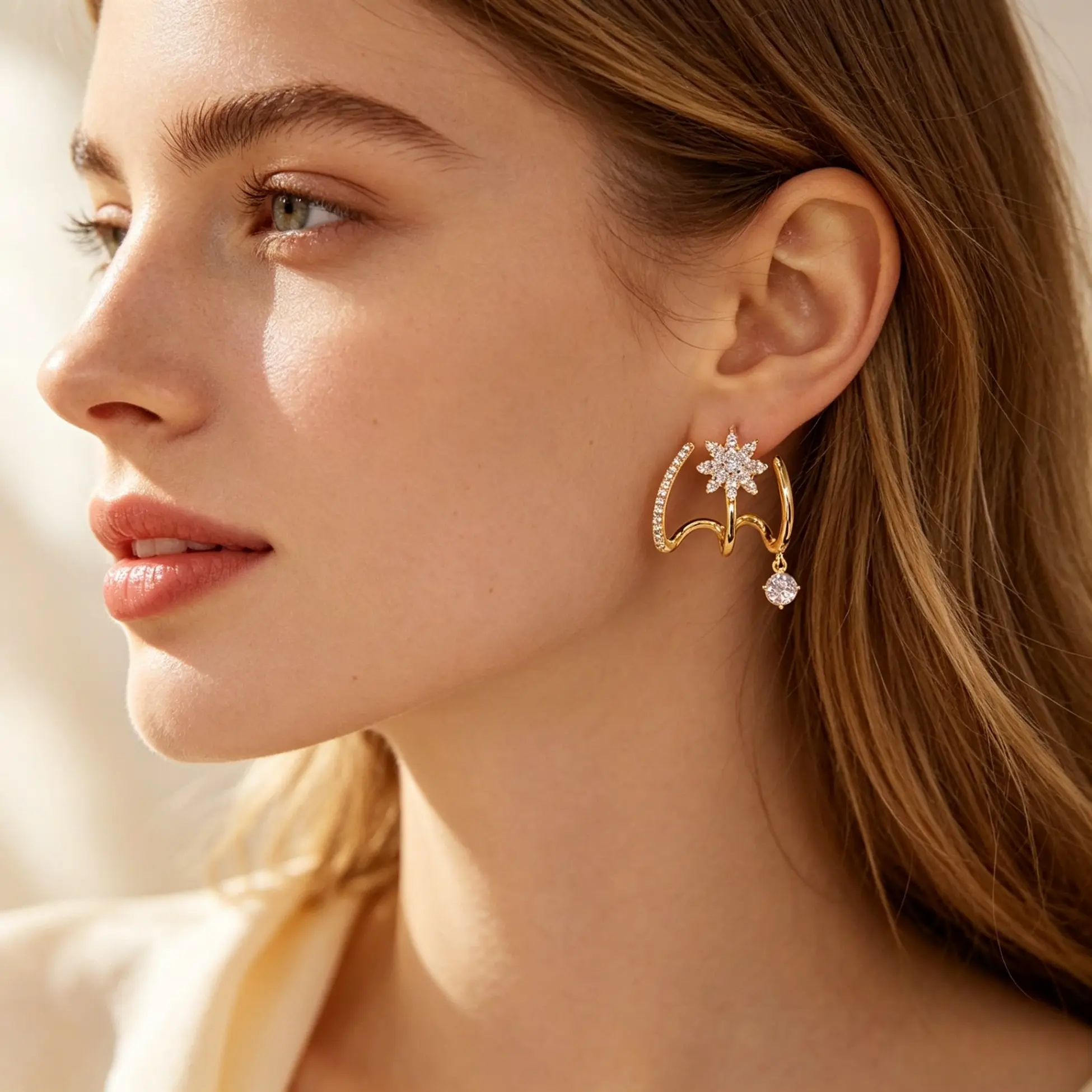 Gold Sparkling Snowflake Multi Hoop Earrings With Square Crystal Drop Stackable Dainty Daily Party Ear Jewelry Y2K Aesthetic Accessories for Women, Freak Gifts for Her Birthday Holiday Present