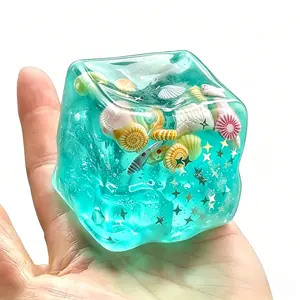 New Transparent Ocean Cube Squishy Toy With Seashell Star Glitter, Soft Maltose Jelly Fidget Squeeze Toy, Slow Rising Sensory Stress Relief Toy For Anxiety Reduction, Portable Mini Desk Decompression Toy Gift For  Adults
