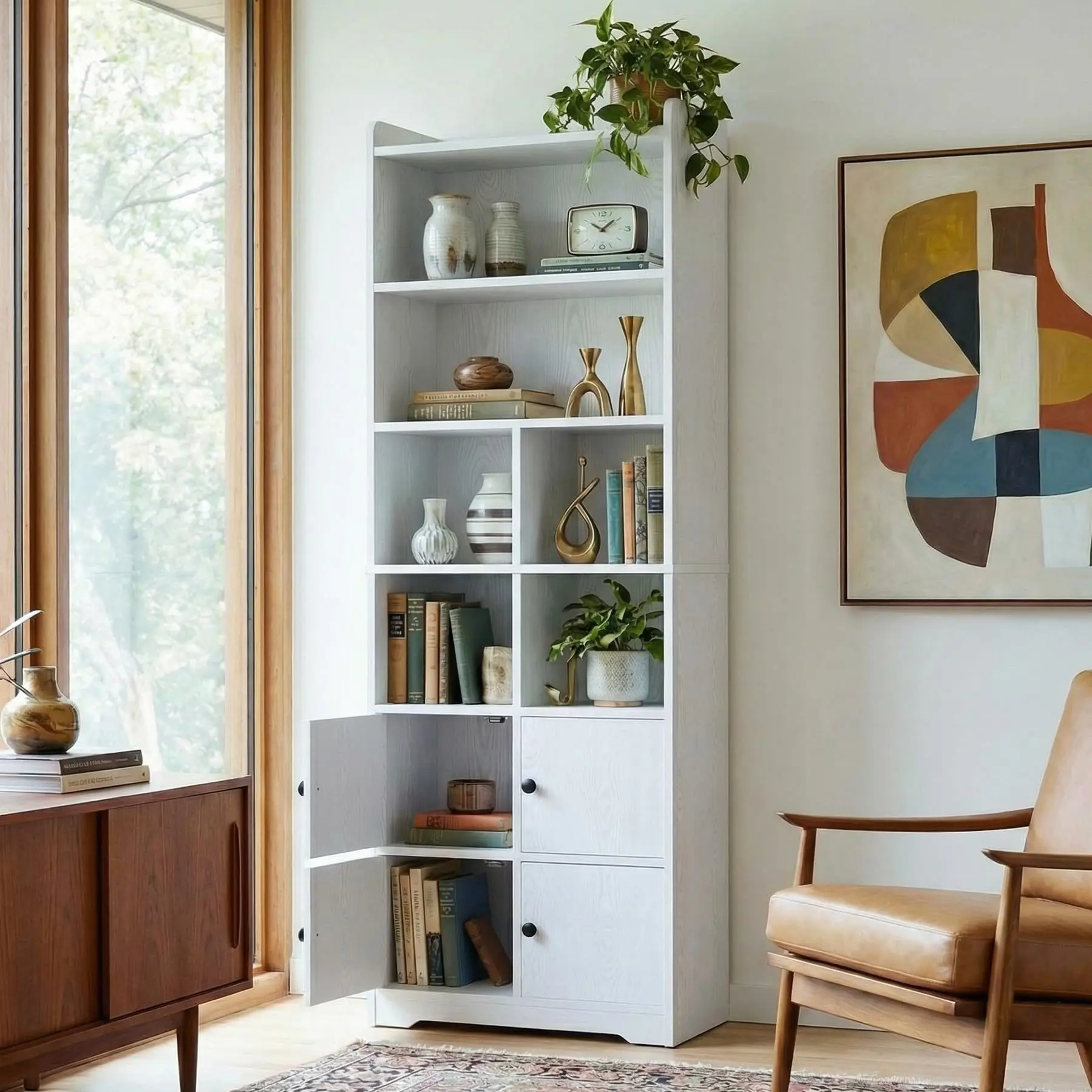 IRONCK Modern 74.6 in Tall Bookshelf with Doors, Storage Shelves, Indoor Book Storage for Home Office, Living Room, Books