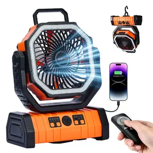 Portable Outdoor Fan, 20000mAh Battery Operated with Emergency Light, Reverse Charging, 270° Rotation, Remote Control for Camping, Power Outages, Home Use