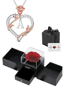 Heart Shaped Pendant Necklace with Rose Gift Box, Elegant Rhinestone Decor Letter Design Pendant Necklace, Fashion Jewelry Accessories for Women