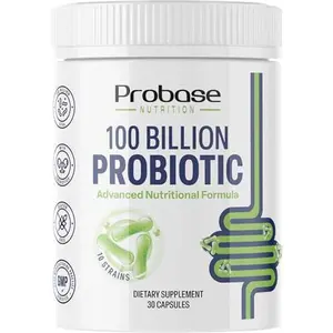 Probase Nutrition Probiotic, 100 Billion CFU, 10 Strains with Prebiotics, 30 Veggie Capsules, Gluten Free for Men and Women, 30-Day Supply