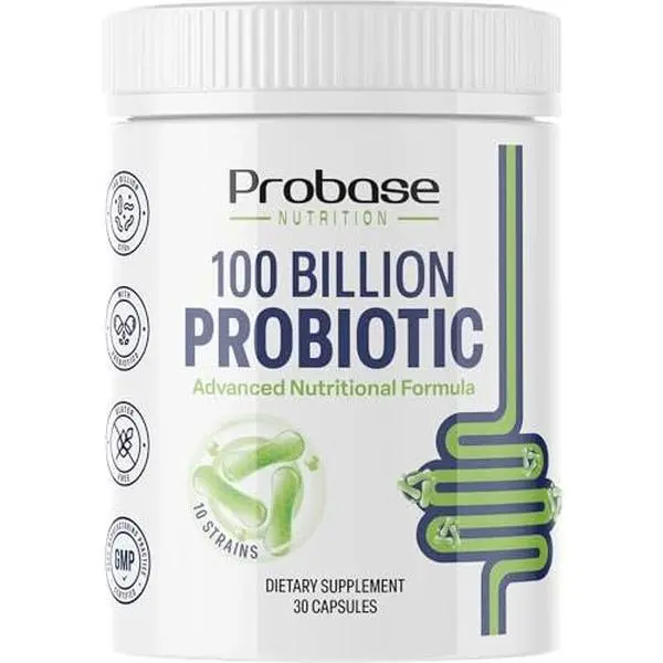 Probase Nutrition Probiotic, 100 Billion CFU, 10 Strains with Prebiotics, 30 Veggie Capsules, Gluten Free for Men and Women, 30-Day Supply