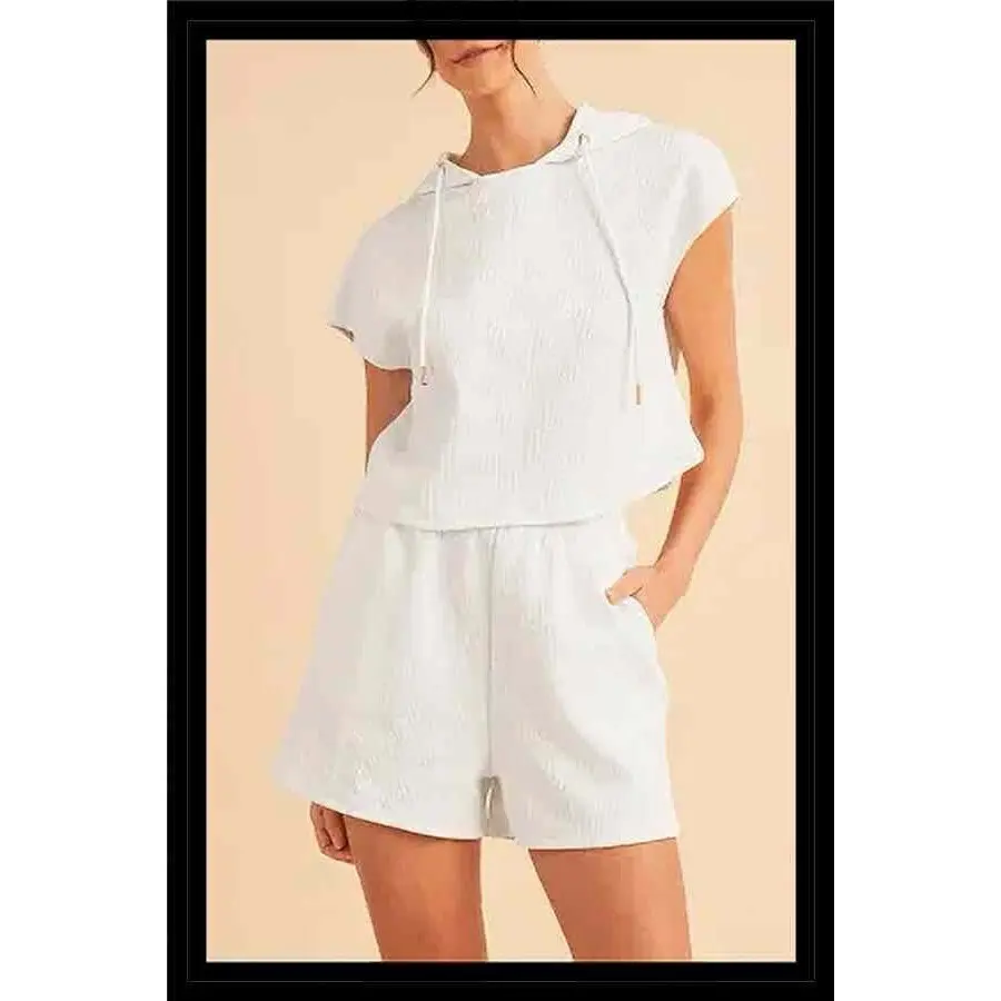 White Textured Cropped Hoodie & Pocketed Shorts Set NEW