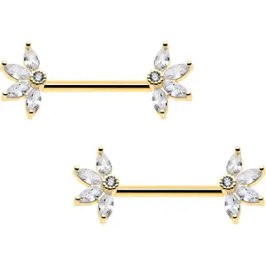 14G 9/16 Clear CZ Gem Gold Tone Threadless Floral Barbell Nipple Ring Set