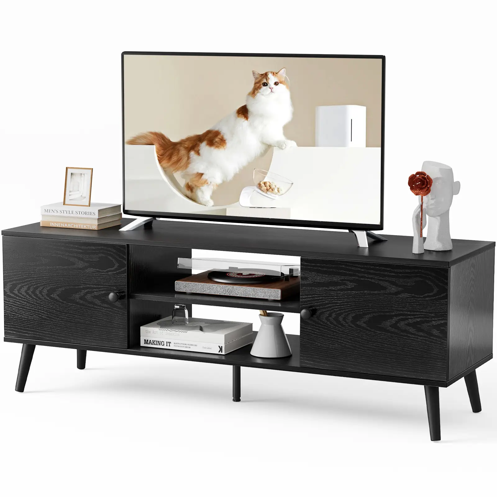 【Deal】SweetFurniture Modern TV Stand for 55 60 inch TV with 2 Storage Cabinet and Open Shelf, TV Cabinet, TV Media Console, Wood TV Table for Living R