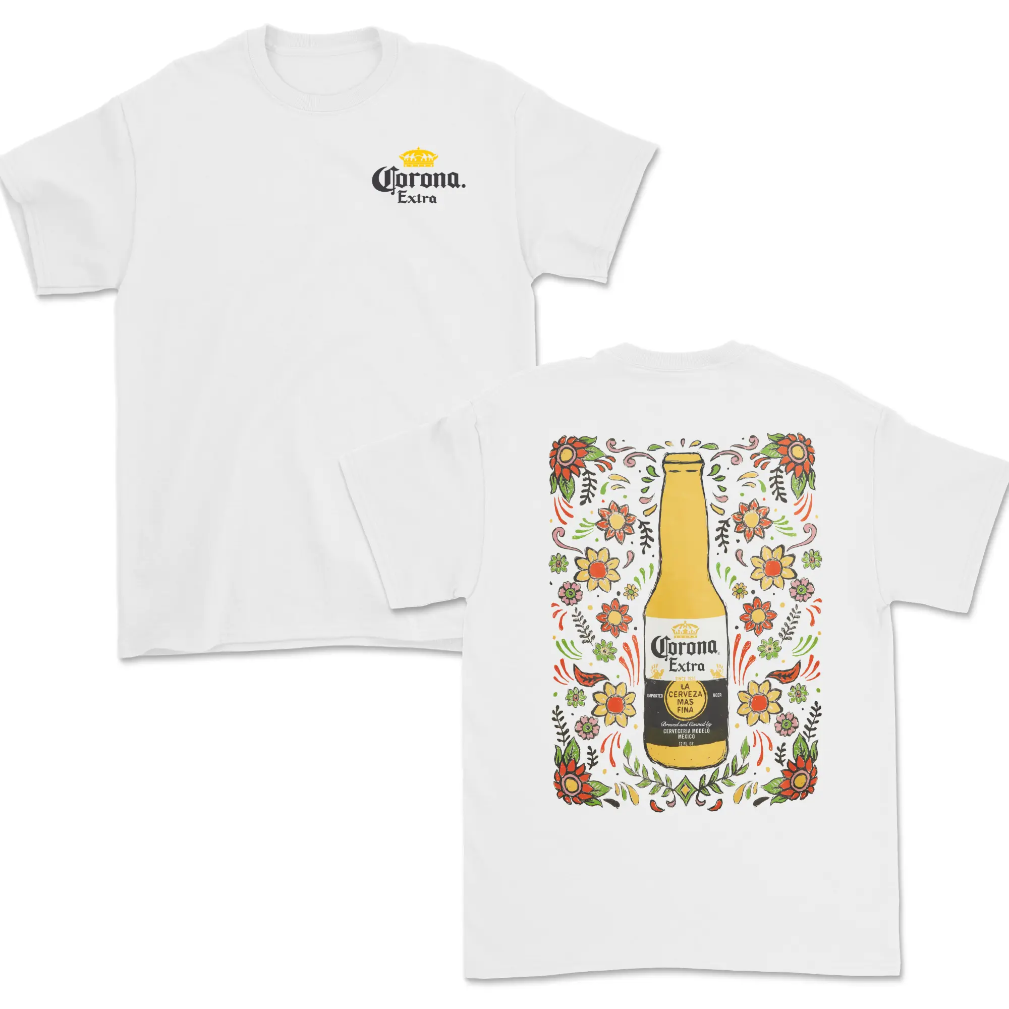Corona Extra Floral T-Shirt, Vintage Beer Bottle Flower Graphic Tee 2-Sided Summer Beach Party Shirt Trendy Gift for Beer Lovers