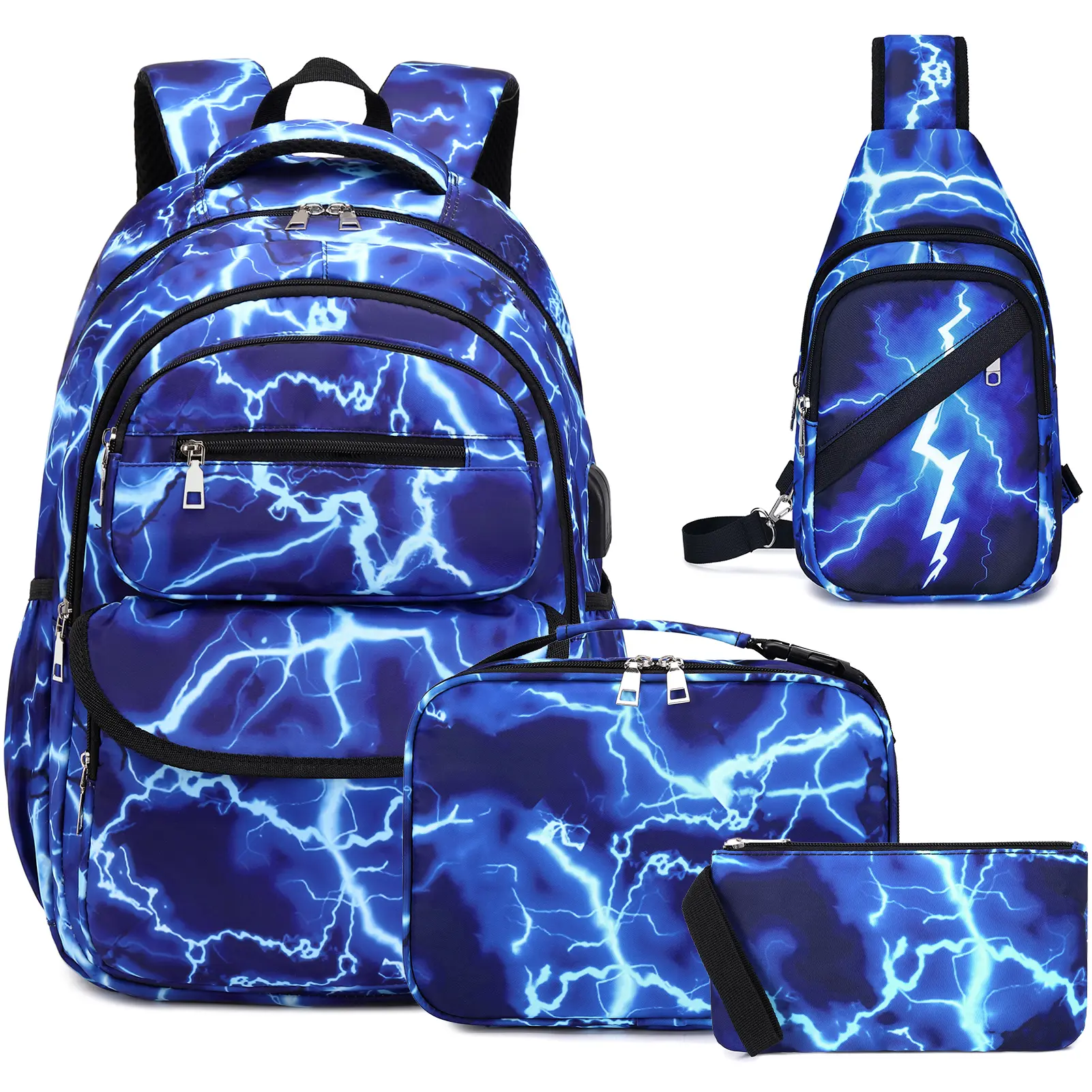 Similove 3/4PCS Backpack for Boys, Lightning School Bags with Lunch Bag & Pen Case & Water Bottle/Chest Bag for Kids, school bag for Elementary Middle High School,Back to School Gift,Birthday's Gift
