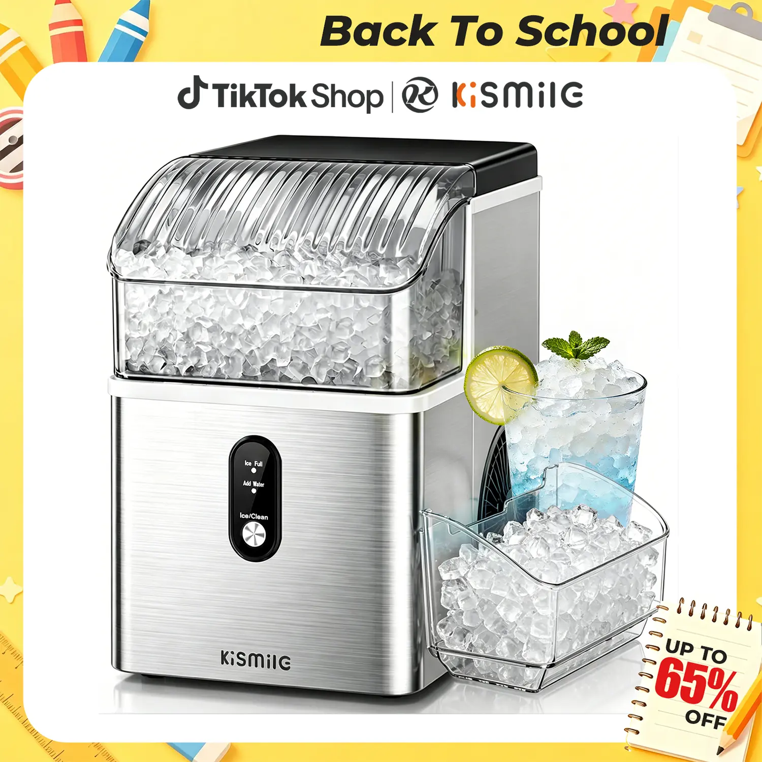 Back To School - Kismile Countertop Nugget Ice Maker Machine, Portable Unit with Ice Machine Cleaner, 35Lbs/24H Production, 7-Mins Quick Making, Self-Cleaning, 1-Click Operation for Home Kitchen, Office, 35 Pounds/24H,home essentials