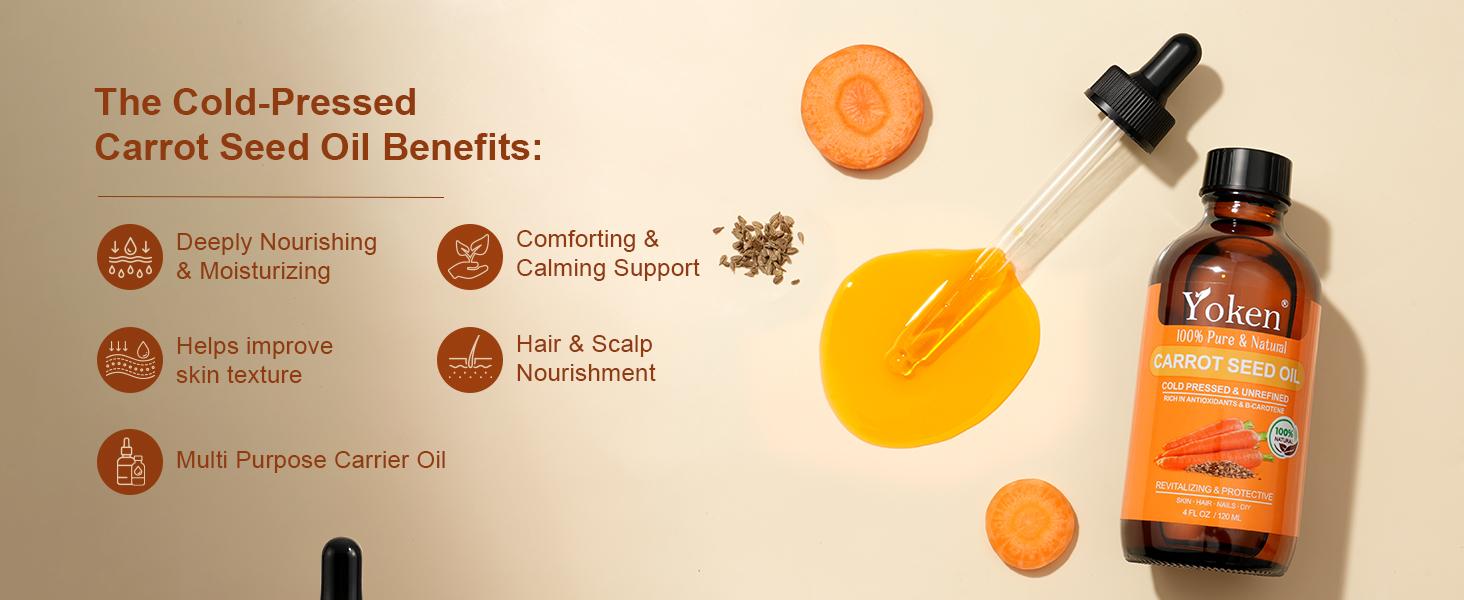 Yoken Cold Pressed Carrot Seed 4 fl oz Pure Cosmetic Carrier, Moisturizing Hydrating Body Care for Skin & Hair – Lightweight for Scalp Massage, Nail Care & Essential Oil Blends