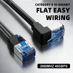 Cat8 Ethernet Cable, Gigabit Network Line, Right Angle 90 Degree Bend, Flat Braided Design, Durable Fast Data Transfer