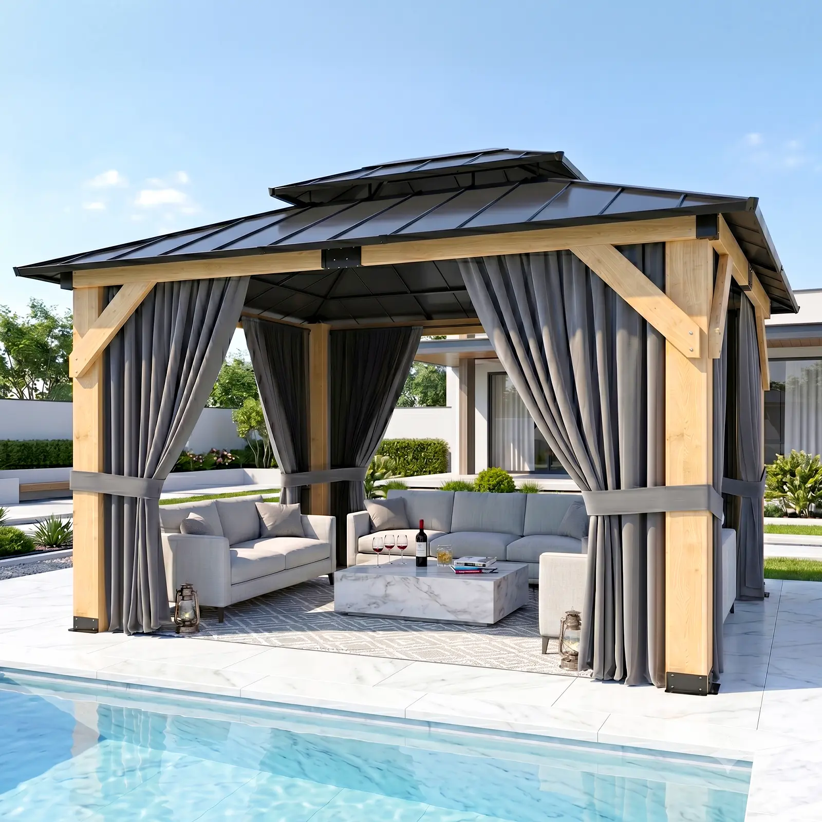 Lilypelle 12'x16' Cedar Wood Gazebo, Outdoor Patio Canopy with TV Wall, Double Galvanized Steel Hardtop, 4.7in Thick Heavy-Duty Cedar Posts, Ceiling Hooks for Backyard Pool, Sturdy deskmakeover