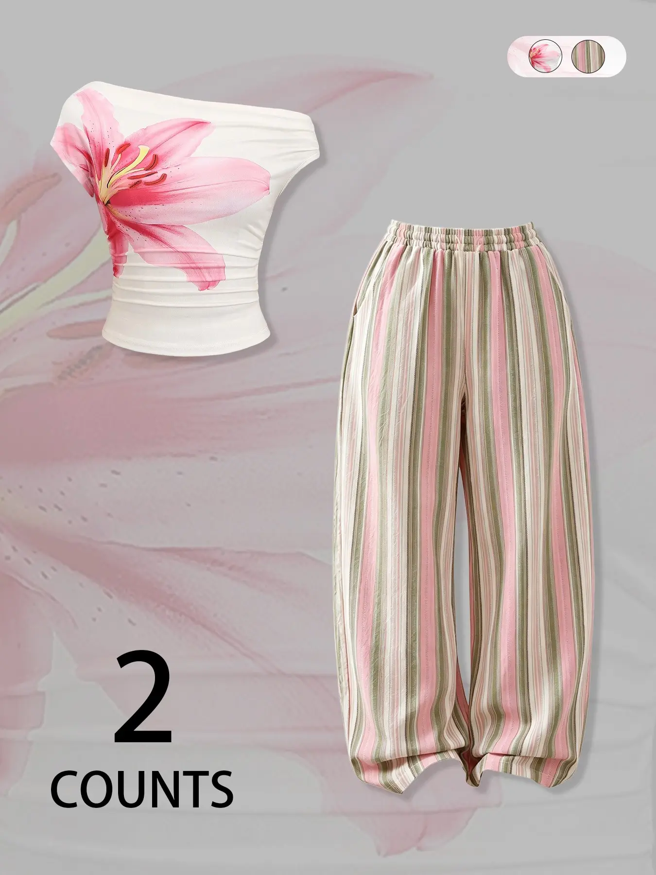 Women's Floral Lily Print One-Shoulder Short Top + Striped Wide-Leg Pants Set, Casual Aesthetic Slim-Fitting Geometric Pattern Two-Piece, Casual Summer Set