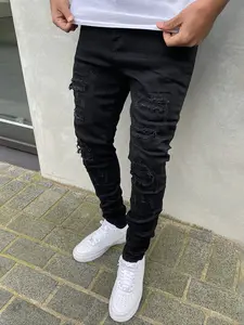 Men's black ripped plain jeans, American-style straight-leg distressed and vintage streetwear street-style stretch slim-fit denim pants, trendy, cool and versatile