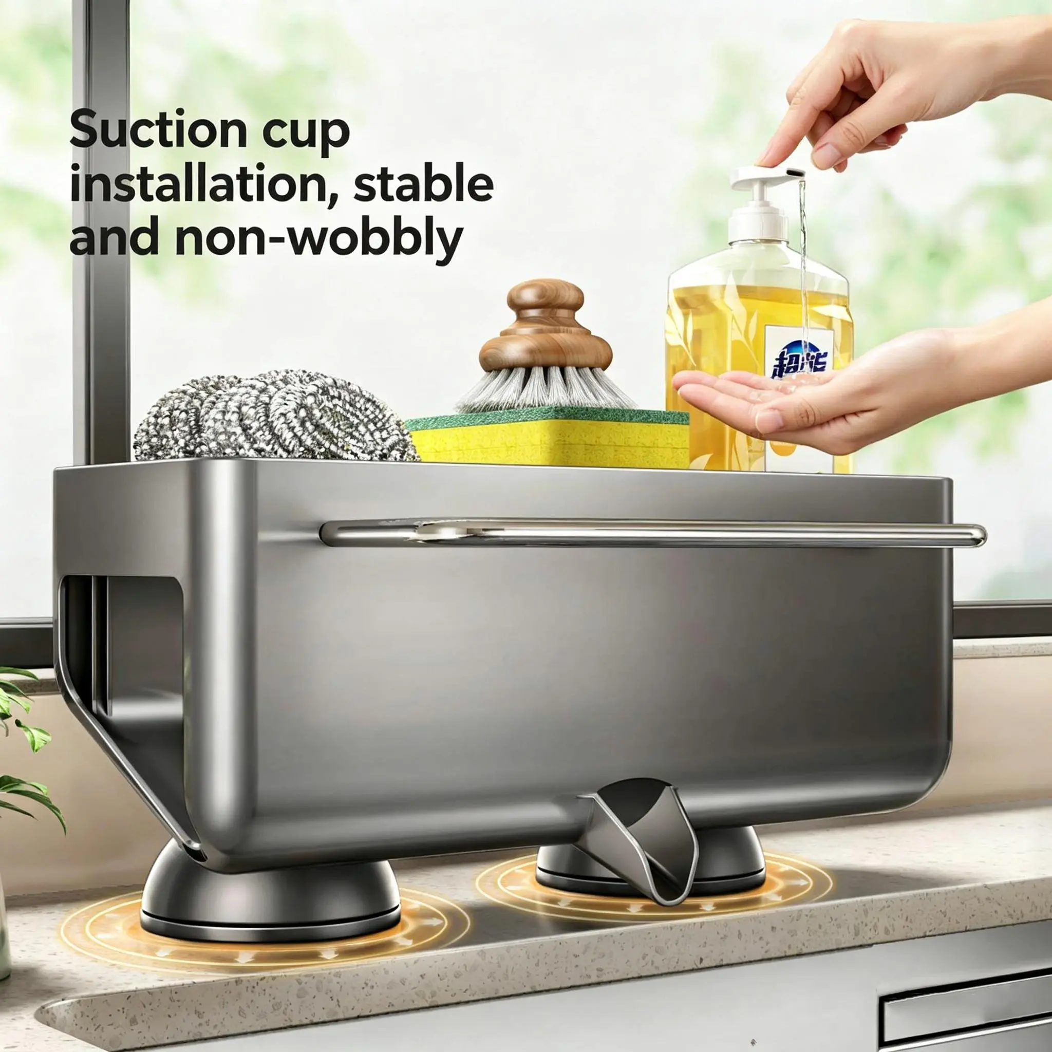 Suction Cup Kitchen Sink Caddy Organizer, No Drill Rustproof Sink Counter Storage Rack With Built-In Drain Spout, Multi-Purpose Holder For Sponges, Scrubbers & Dish Soap, Practical Kitchen Sink Accessories multifunctional