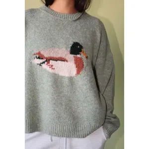 Mallard Duck Knit Sweater – Pink & Sage | Cozy Duck Graphic Sweater