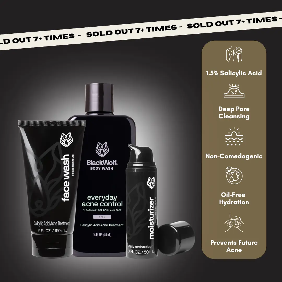 Blackwolf Complete Acne Bundle - Salicylic Acid Face Wash - Soft Facial Cleansing Wash , Charcoal Body Wash, Hydrating lightweight Moisturizing Gel + FREE Toiletry Bag ($22 Value)