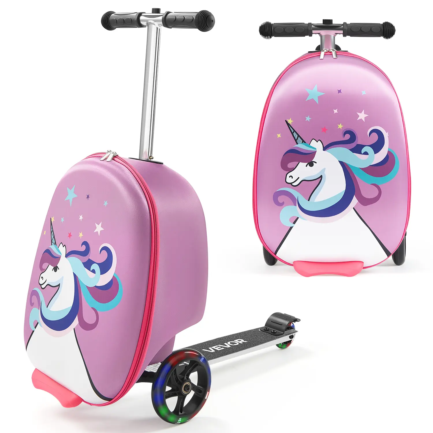 VEVOR Ride-on Luggage,  20 L Capacity, 20 Inches Kids Scooter Suitcase with Flash PU Wheels, Adjustable Handle & TPR Non-Slip Grip, Foldable & Lightweight Scooter Luggage for Kids Aged 5+, Purple