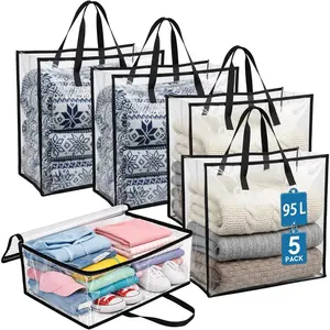 5 Pack 26 Inch Clear Storage Bags, Large Storage Bags for Seasonal Decor, Wreaths, Blankets & Moving - 95L PVC Underbed storage with Zipper and Handles for  Organization
