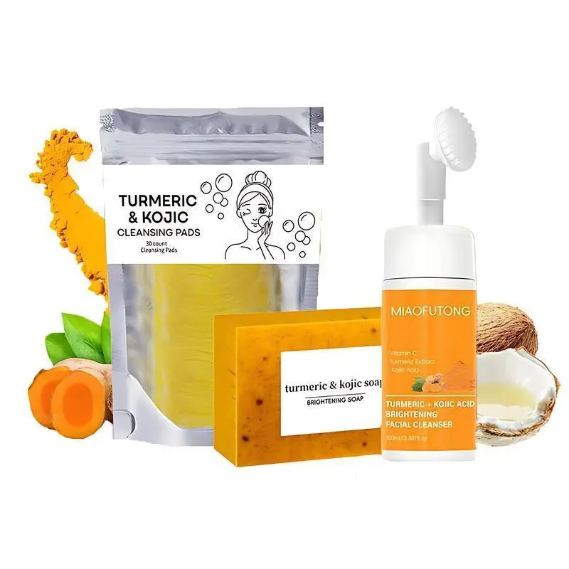 AGICEA Natural Turmeric Facial Cleansing Set - 3 in 1 Skincare Combo for Deep Clean Hydration Hydrate Moisture Turmeric Soap Bar Kojic Acid Soap Nourishing Moisturizing Exfoliate Cleanser，Summervibes