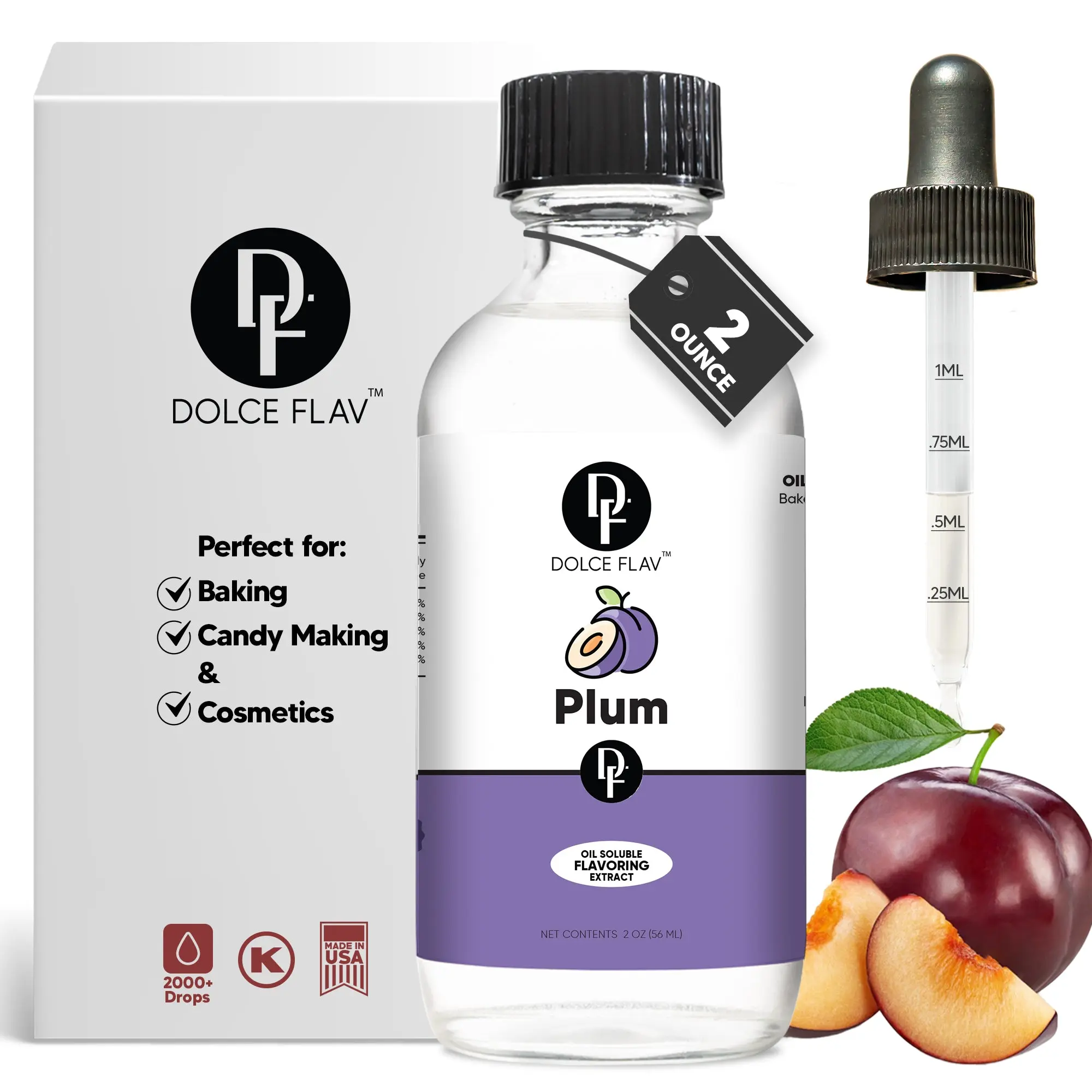 Dolce Flav Oil-Soluble Plum Flavoring Extract 2 oz - Sweet Fruity & Floral Aroma - Perfect for Baking Candy Cosmetics - Dye-Free Alcohol-Free - 2000+ Drops