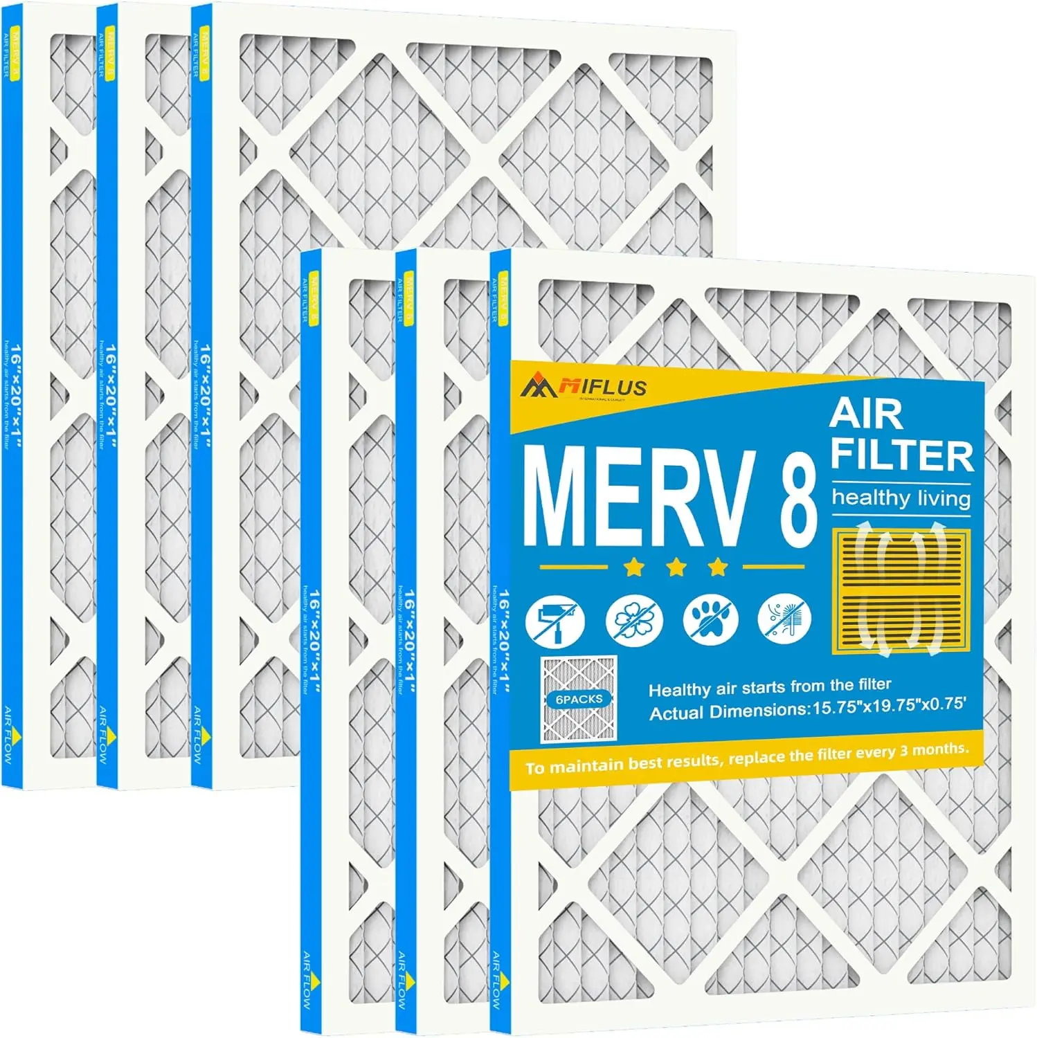 MIFLUS 16x20x1 MERV 8 Pleated Furnace Air Filters for HVAC Systems & Residential Users, Low Resistance, Dust & Allergen Defense, Durable Pleated Construction, No Fiber Shedding, Scientifically Engineered Structure, 6-Pack Value Set