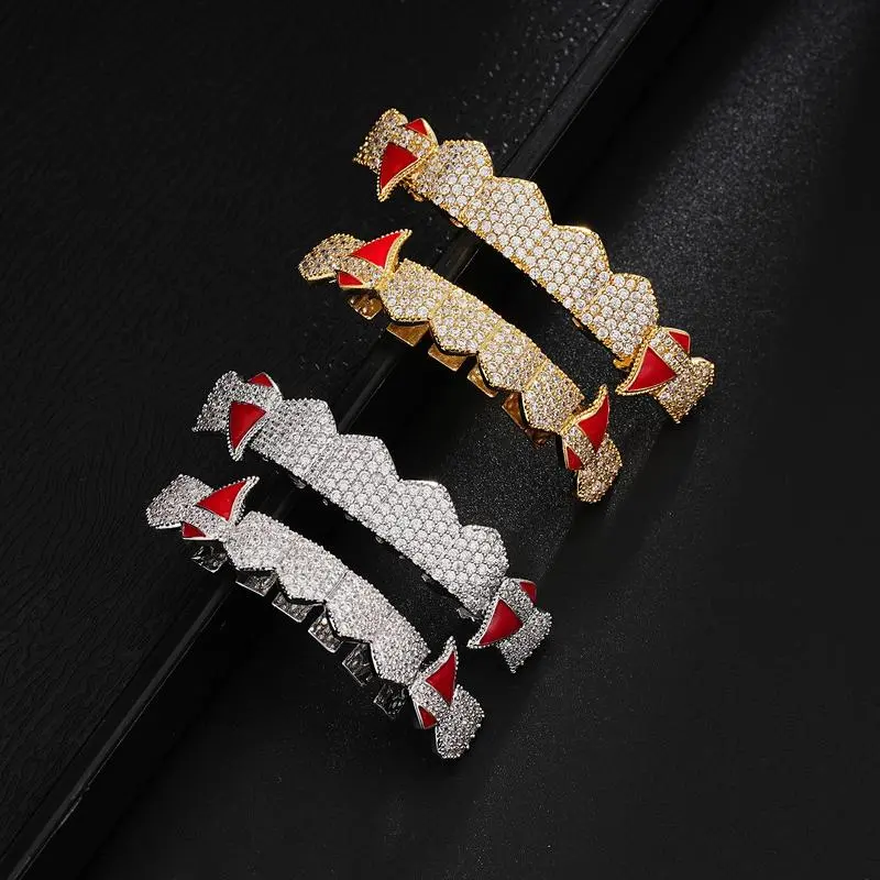 Hip Hop Vampire Grillz 2-Pack - Gold & Silver-Tone Fang Caps with Molding Bars, Hypoallergenic Halloween Costume Body Jewelry + FREE Cuban Chain Gift, Teeth Accessory, Two Pieces