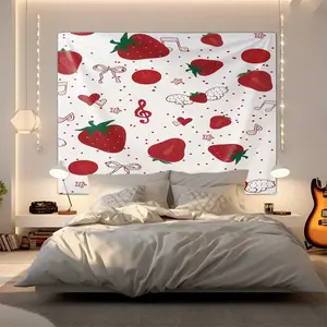 Cute Strawberry Tapestry, Sweet Fruit Wall Hanging, Kawaii Strawberry Music Note Tapestries, Aesthetic Room Decor Tapestrys for Girls Bedroom, Dorm & Living Room