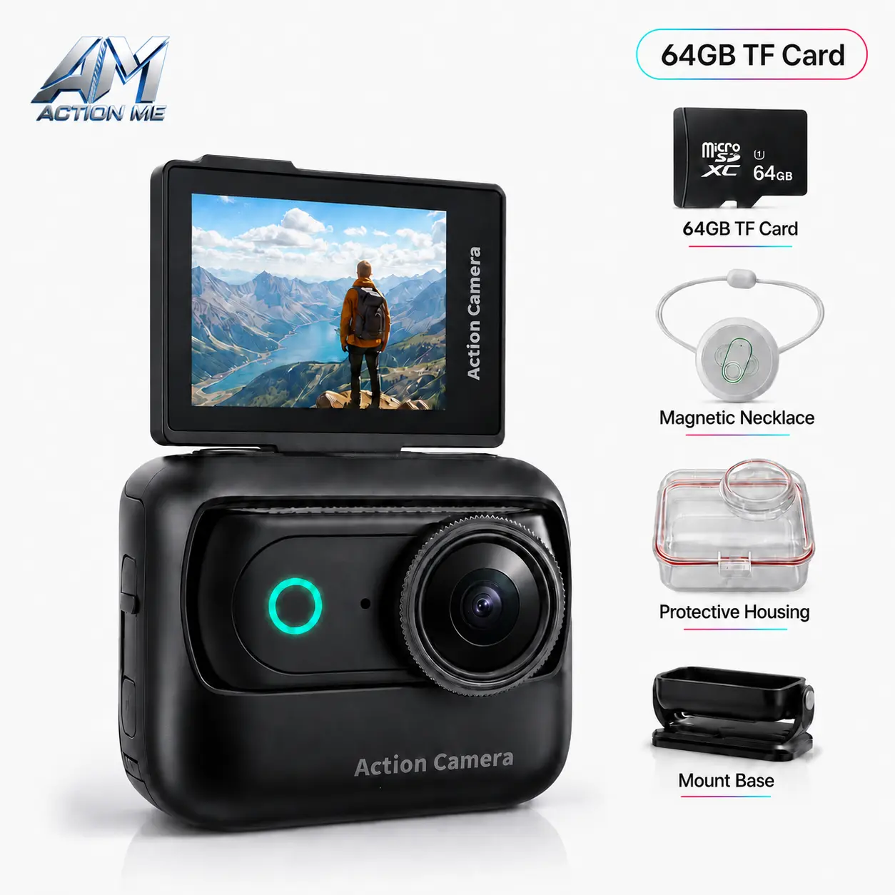 【Action Me】 Portable vlogging camera Action Camera w/ Flip Screen, Hands-Free POV Vlog Camera, Phone-Compatible, Includes Charging Case & Cap Mount (Blk/Wht/Pnk) - Free Protective Case Included tiktokshopbacktoschool  sohochic