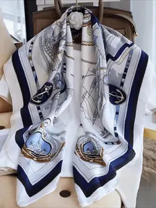 100% Mulberry Silk 34.64" Square Scarf Shawl, Blue Vintage Nautical Pattern, Romantic & Elegant, All-Season Versatile, Gift-Wrapped, Perfect Gift for Valentine’s Day, Christmas & Mother’s Day