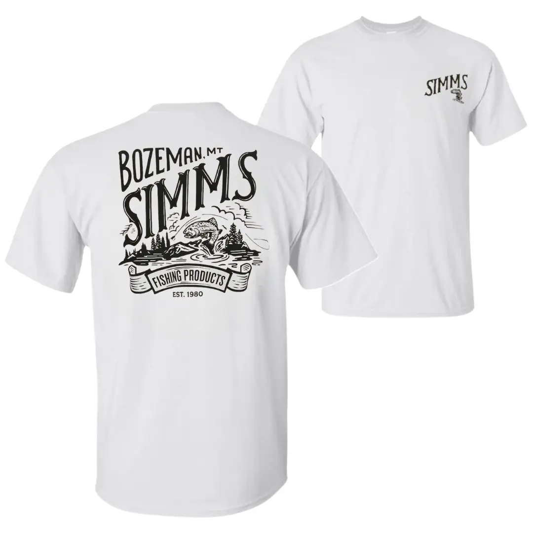 Bozeman MT Simms Oversize T-Shirt, Retro Fly Fishing Scene Graphic Tee with River and Trout Art, Simms Fishing Products Graphic Shirt, Ideal for Anglers and Outdoorsmen, Gift for Vintage Fishing Lovers
