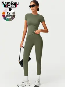 2PCS Women Quick Dry  Yoga Set Workout Sportswear Gym Clothing Fitness Short Sleeve Top High Waist Leggings Sports Suits