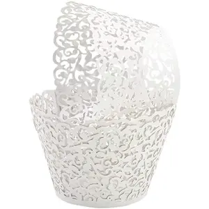 100pcs Cupcake Wrappers Artistic Bake Cake Paper Cups Little Vine Lace Laser Cut Liner Baking Cup Muffin Case Trays for Wedding Party Birthday Decoration (White)