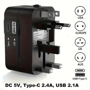 Universal Travel Adapter with USB & Type-C Ports, 1 Count All-in-One Wall Charger, USB Power Outlet, Worldwide Power Plug Converter for USA, EU, UK, AUS, and More, Socket Adapters