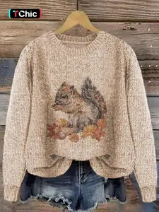 Women's Round Neck Cartoon Squirrel Print Sweater Knitwear, Loose-Fit Casual Knitted Pullover for Fall & Winter, Comfortable Daily Wear
