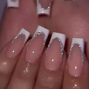 US-NAIL - 24Pcs Short Square Coffin False Nails French Glitter Wearable Fake Nails Acrylic Full Cover Women Ballet Press on Nails Tips