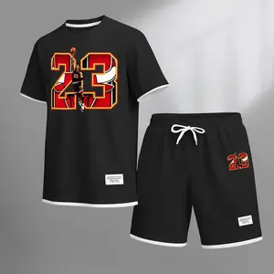 Men's Basketball 23 Print Drawstring Shorts Set For Spring/Summer. A Casual Summer Outfit, Including A Short-Sleeved Shirt And Shorts, Suitable For Everyday Wear And Sports. A Two-Piece Set For A Relaxed And Energetic Lifestyle.