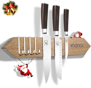 imarku Magnetic Knife Holder for Wall - 16 Inch Acacia Wood Magnetic Knife Strip with Powerful Magnet, Knife Magnetic Strip for Kitchen Utensil Organizer with 4 Hooks