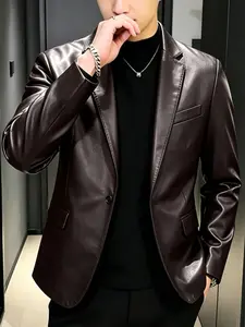 Men's PU Leather Jacket, Long Sleeves Slim Fit Single Button Blazer, Business and Casual Wear, Stylish Outerwear for Men