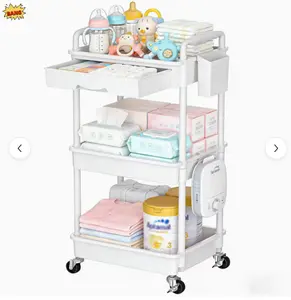 3-Tier Rolling Utility Cart, Sturdy Home Organizer with Smooth Wheels, Space-Saving Multi-Functional Storage Rack for Kids’ Nursery Easy Access