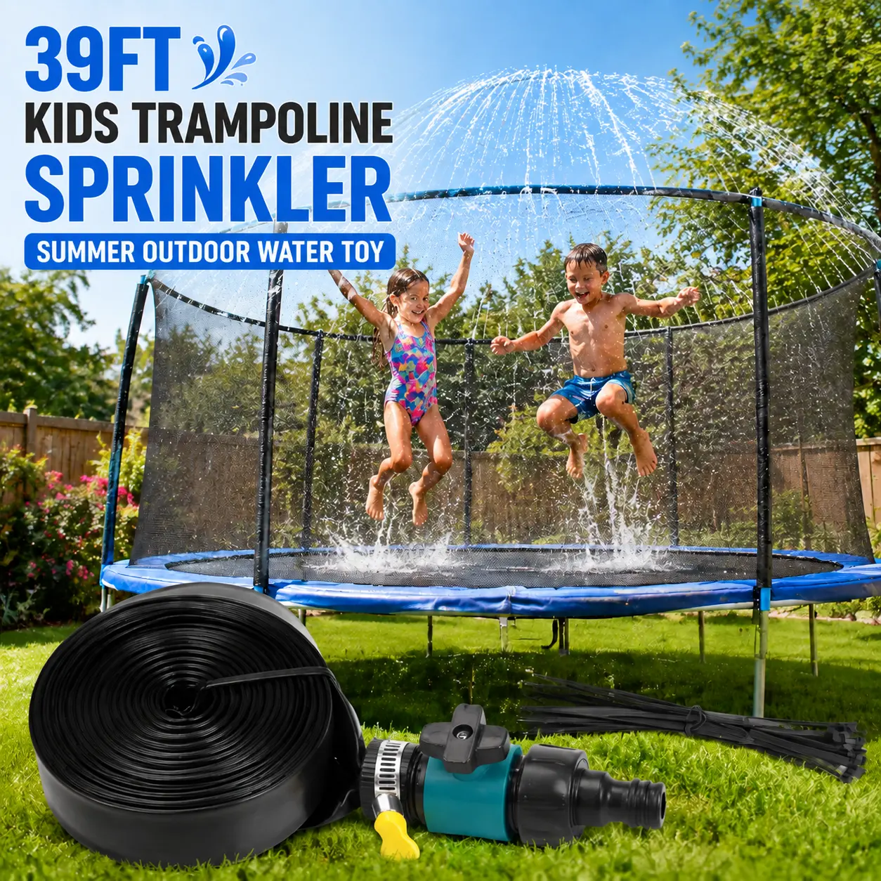39ft/12m Trampoline Water Sprinkler, Pressure-Resistant Leak-Proof PVC Pipe, Sports Gear for Kids’ Outdoor Pool Parties & Cool Outdoor Yard Stuff, Backyard Misting Cooler with Net Mounting-2314