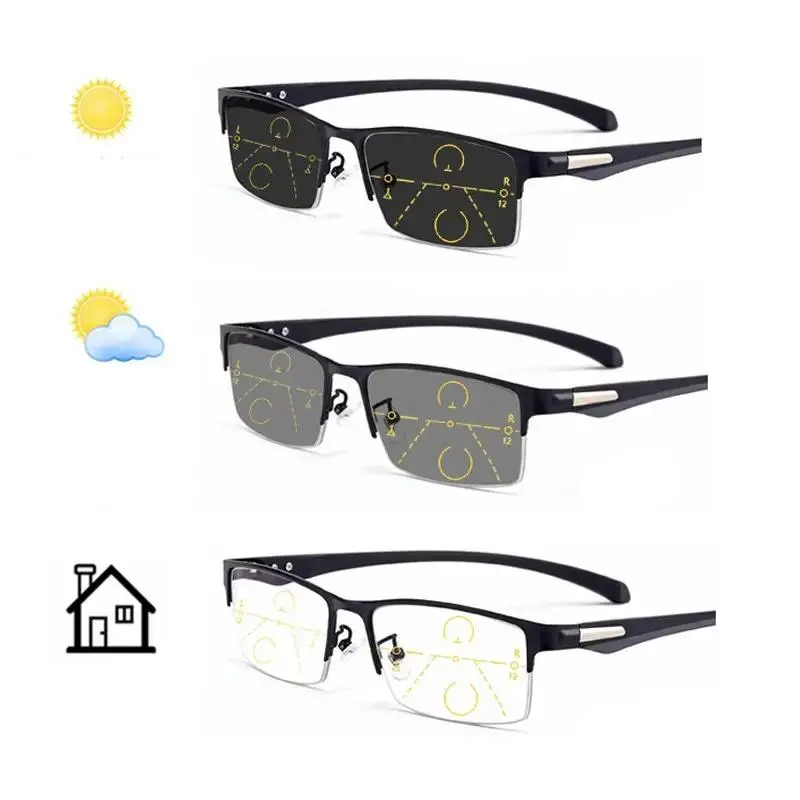 Stylish Photochromic Gradient Multi-Focus Reading Glasses, Metal Semi-Frame, TR Temple Arms, Shiny Metal Accents, +100 to +400 Prescription Strength, Comfortable Casual Fashion Eyewear Frames
