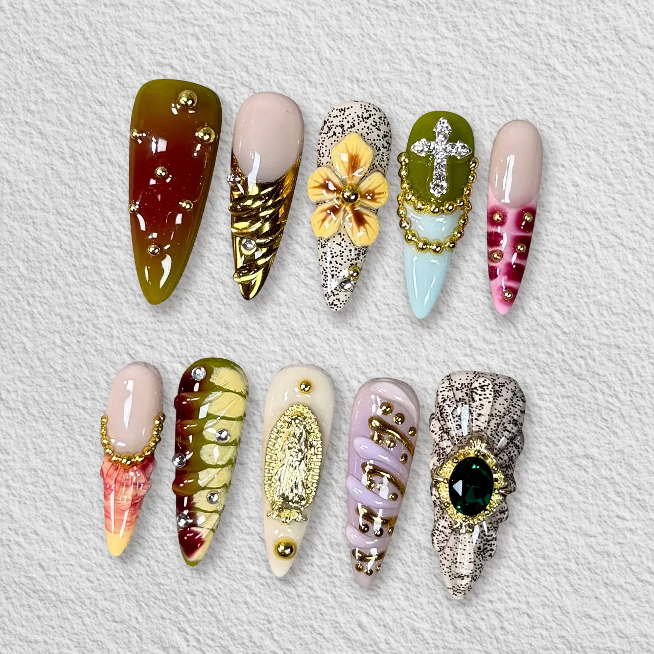 Pressmeon Handmade Press-on Nails | Holy Chaos | Long Stiletto Shape Collection | 3D Luxury Salon Quality | Reusable & Extra Durable | Eco Package