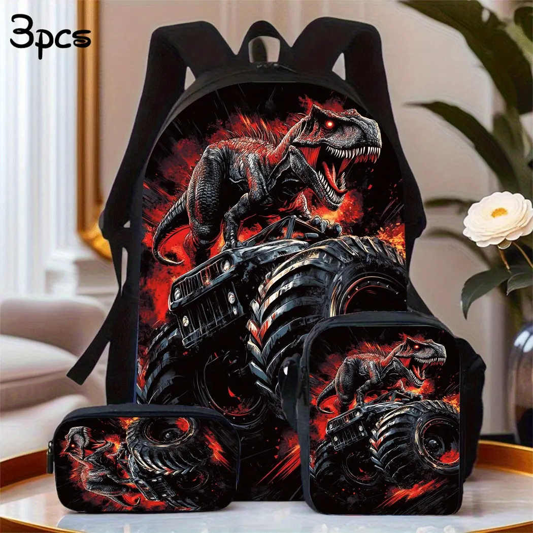 Fiery T-Rex Monster Truck 3-Piece Backpack Set, Dinosaur Print School Bag + Lunch Bag + Pencil Case, Oxford Cloth Adjustable Strap Daypack for Kids