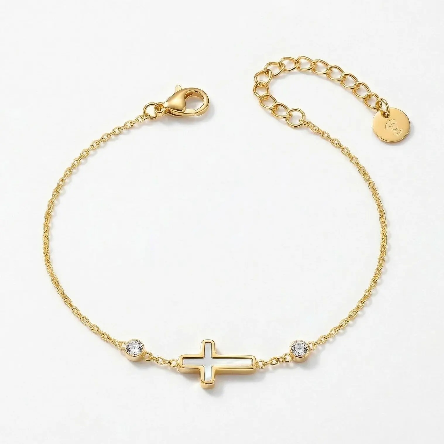 18K Gold Plated Adjustable Sideways Cross Bracelet for Women, 6.3 in Religious Cubic Zirconia Station Chain, Daily Wear Confirmation Gift