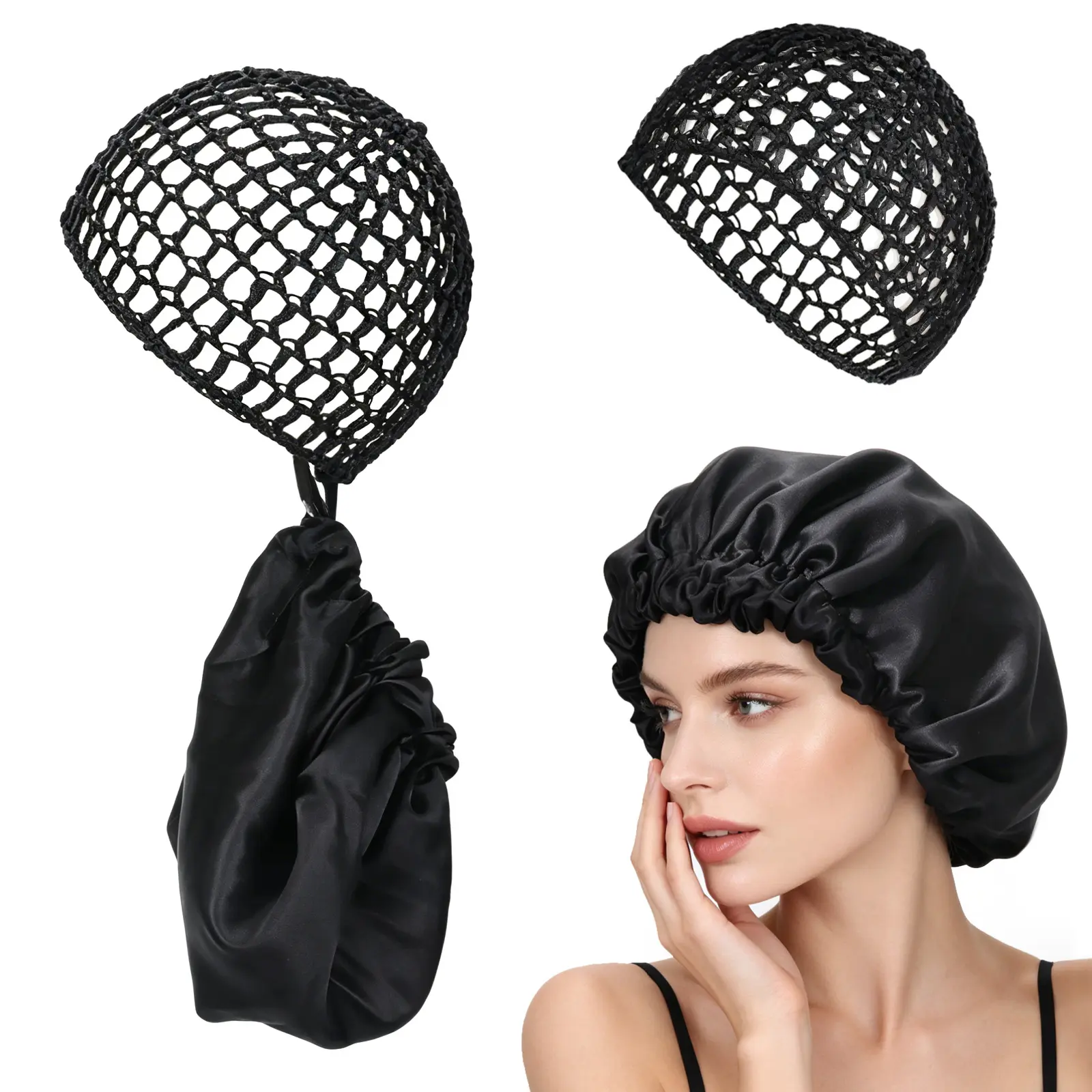 Humwam Satin Wrap & Net Duo Hair Accessory Set - Adjustable Heatless Hair Wrap Cap, Silk Sleep Cap for Daily Normal Haircare, Ideal Mother's Day Gift for Silk Press Perfection, Multistyle Wrapcap, Stylish Hair Accessories