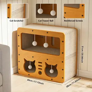 Double Layered Cat Head Scratching Board House with Teaser Ball & Reinforced Screws 45cm x 28cm x 5cm