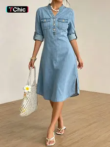 Women's Fashion Light Blue Denim Dress, Half Sleeve Long Dress, Casual Summer, Elastic Fabric, Loose Fit, Perfect for Dates