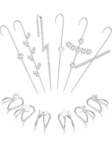 12Pcs Ear Wrap Crawler Hook Earrings for Women Gold Silver Ear Cuff Earrings Climber Piercing Ear Cartilage Clip On Earrings Ear Clips